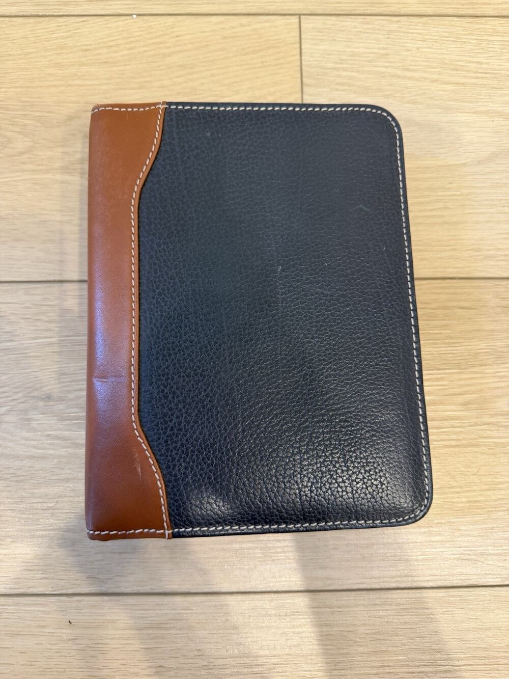 Vintage Franklin Quest Leather Planner Binder Organizer Pebbled Navy Blue w/Tan